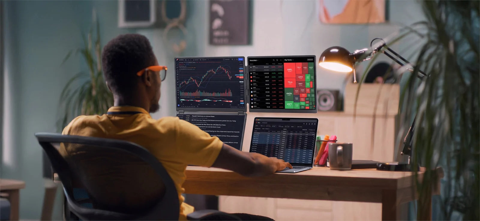 Finance professional monitoring markets across Fold 7 screens