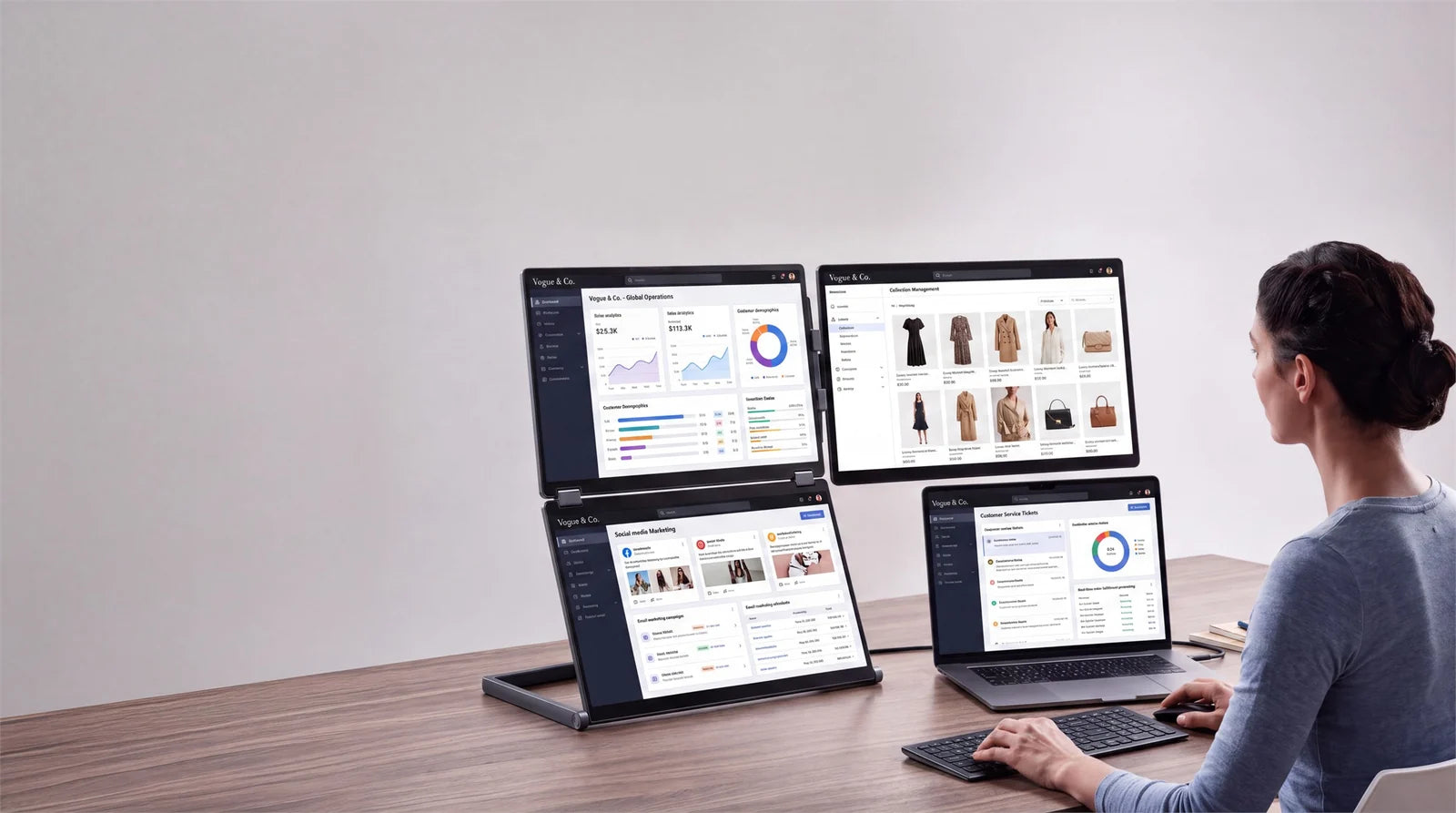 Operations specialist working across commerce dashboards on Fold 7