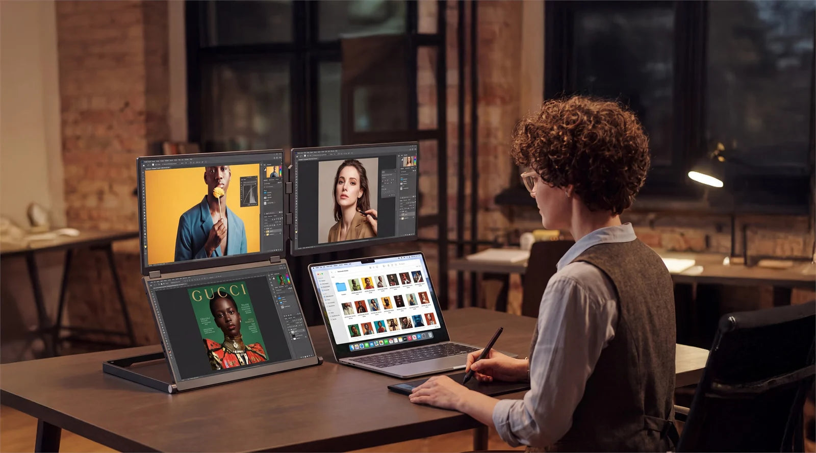 Designer using Fold 7 for detailed creative work