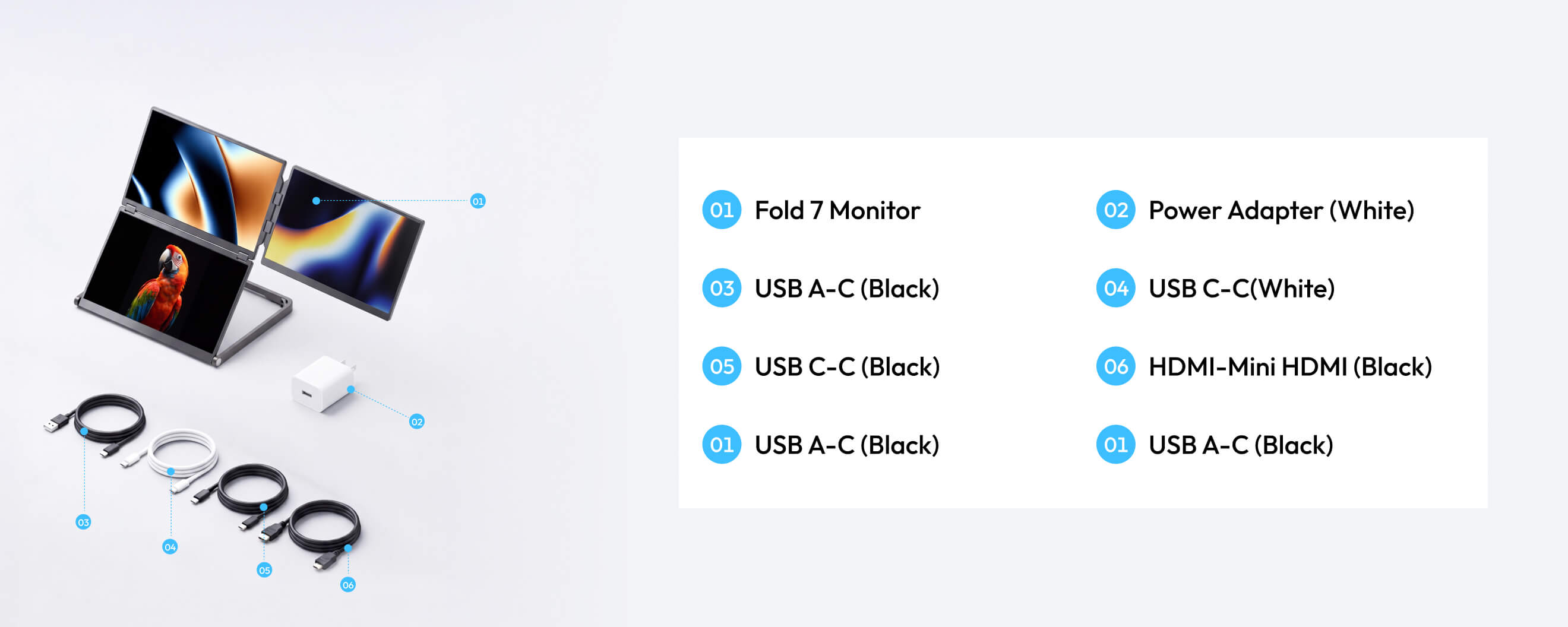 Fold 7 monitor, power adapter and included cables
