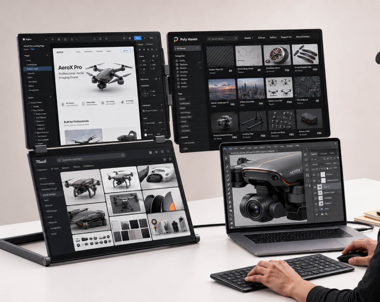 Designer using Fold 7 for detailed creative work