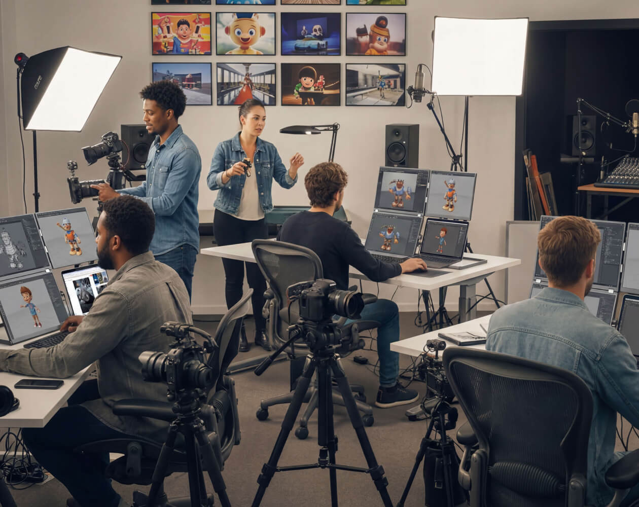 Creative studio team working with Fold 7 displays